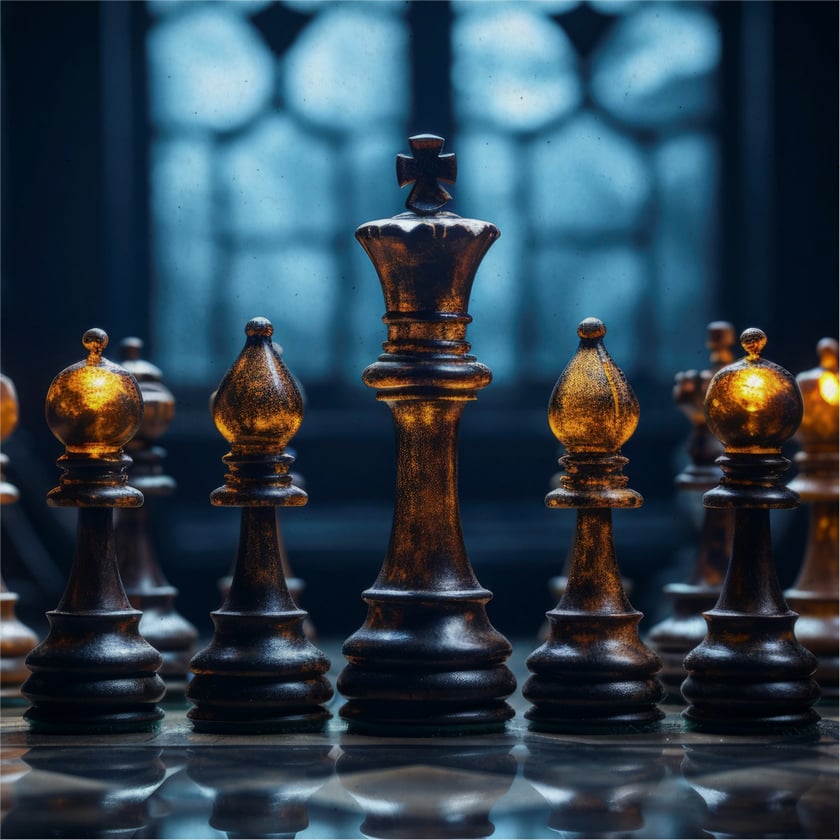Rei de xadrez preto entre bispos e peões escuros sobre um tabuleiro, diante de uma janela.