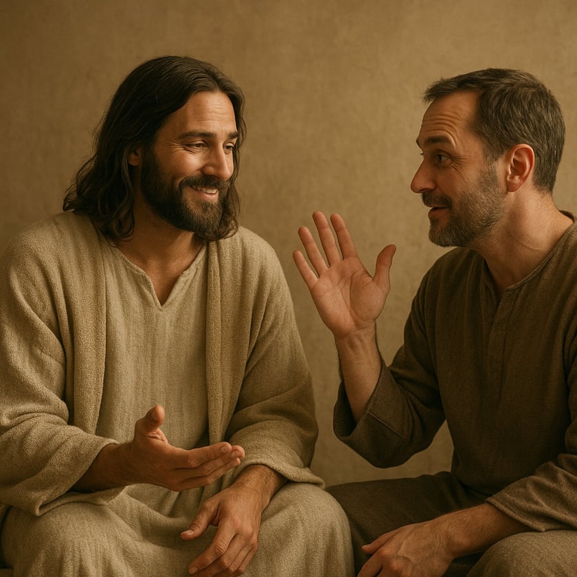 Dois homens sentados conversam e gesticulam, um de cabelo longo e barba, outro de barba curta.