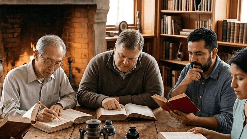 Quatro pessoas leem e estudam livros em uma mesa rústica, diante de uma lareira.