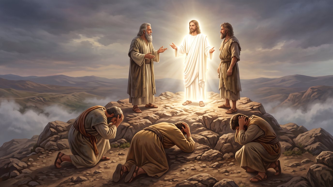 Três homens ajoelhados cobrem a cabeça enquanto outros três conversam sobre um monte luminoso.