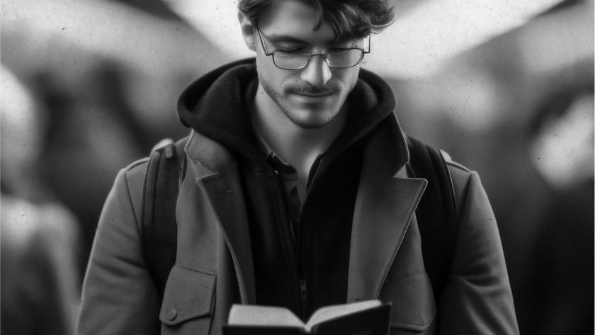 Homem de óculos e casaco lê um livro pequeno em um corredor movimentado.