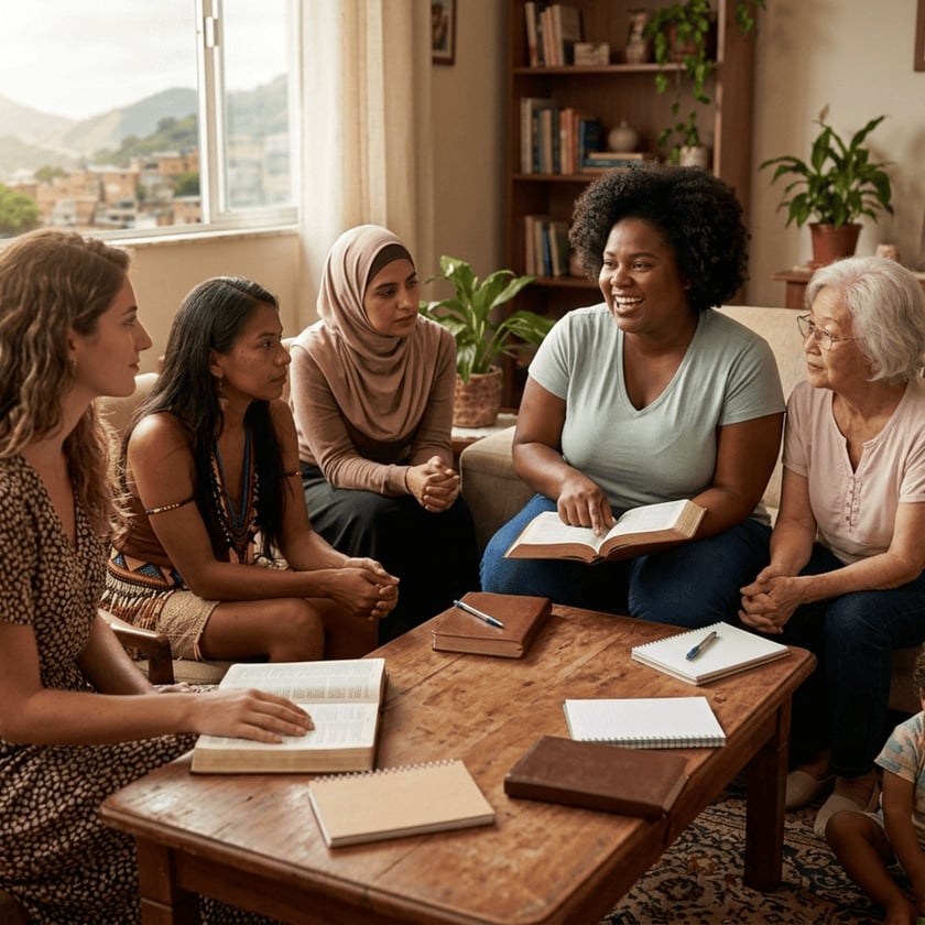 Cinco mulheres e uma criança conversam numa sala, com Bíblias abertas e cadernos sobre a mesa.