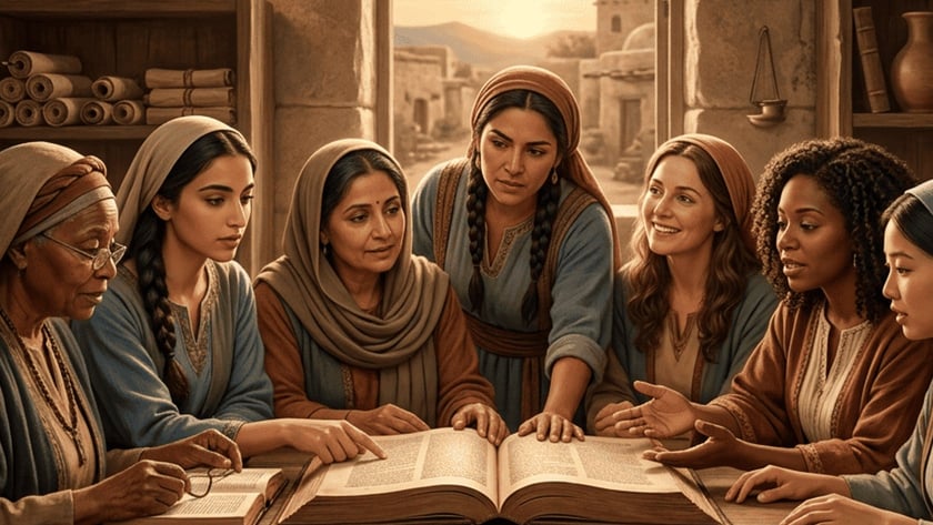 Sete mulheres de diferentes idades conversam ao redor de uma mesa com um grande livro aberto.