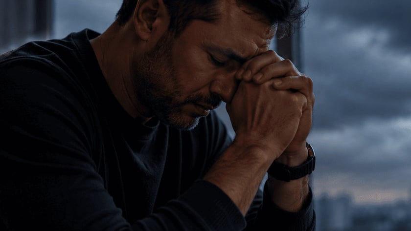 Homem de cabelo escuro e suéter preto, com as mãos unidas junto ao rosto