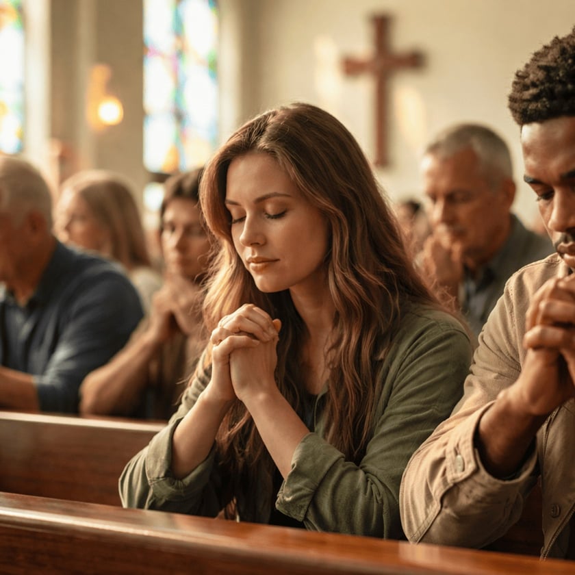 Mulher de olhos fechados e mãos unidas reza num banco de igreja, ao lado de outros fiéis.