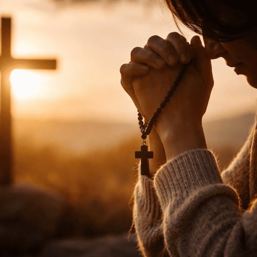 Mulher de suéter claro, de cabeça baixa, reza com um terço nas mãos diante de uma cruz.