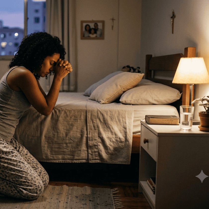 Mulher de pijama ajoelhada ao lado da cama, com as mãos unidas, rezando no quarto.