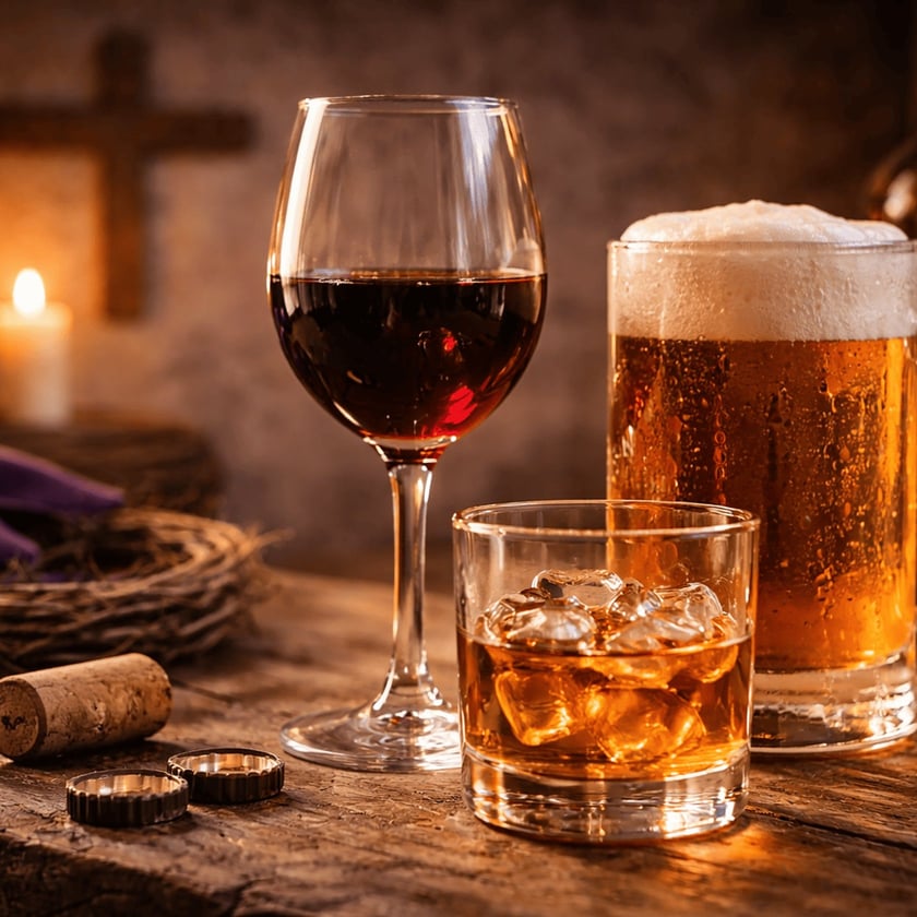 Taça de vinho tinto, copo de uísque com gelo e caneca de cerveja sobre mesa de madeira.