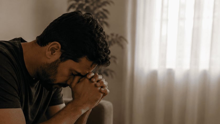 Homem sentado no sofá com as mãos unidas junto ao rosto, diante de um porta-retrato.