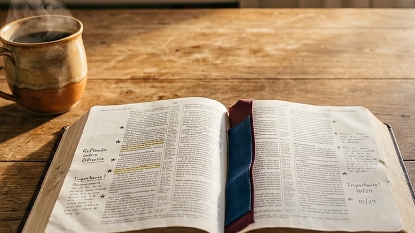 Bíblia aberta ao lado de caderno com "Plano de Leitura para a Família - 7 Dias".