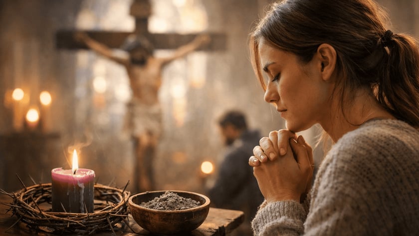 Mulher de olhos fechados e mãos juntas reza diante de um crucifixo