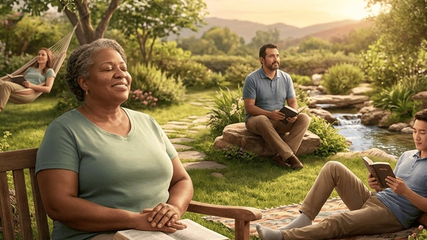 Três pessoas leem a Bíblia ao ar livre, em um jardim com riacho.