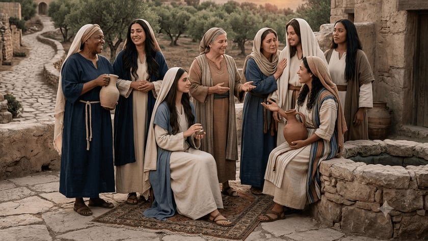Oito mulheres de túnicas e véus conversam ao entardecer perto de um poço, com oliveiras ao fundo.