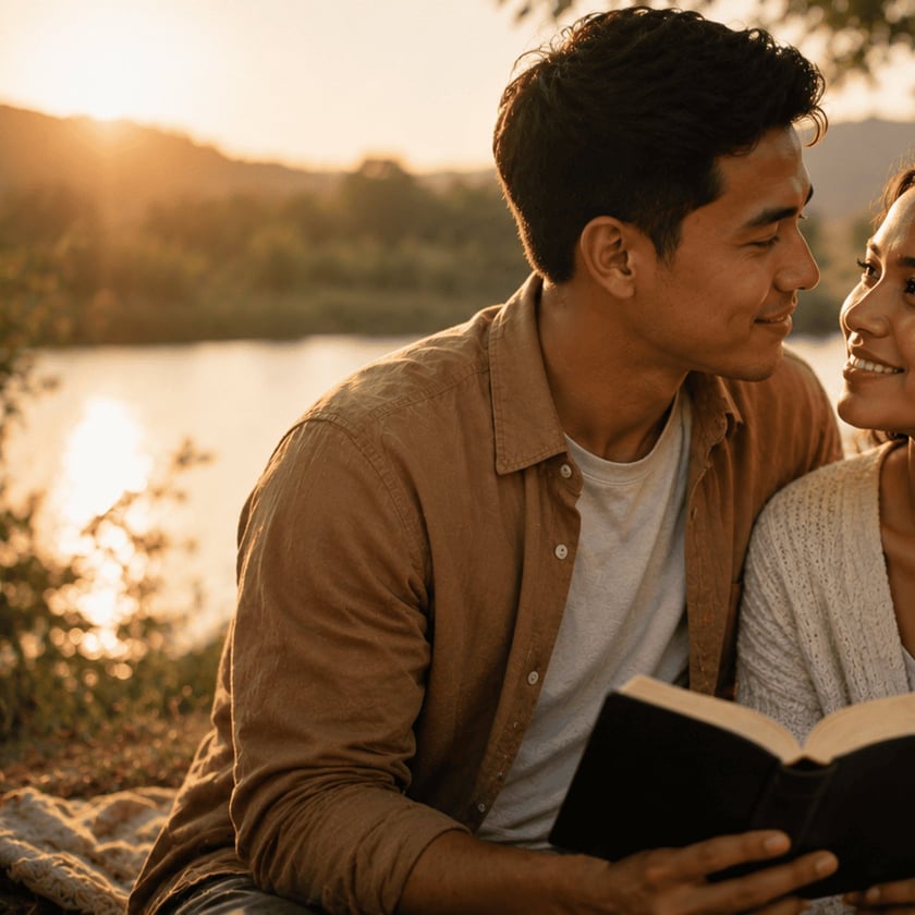 Homem e mulher sorriem um para o outro à beira de um lago, com um livro aberto.