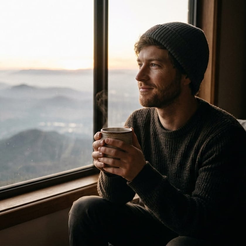 Homem de gorro segura uma caneca fumegante e olha pela janela para montanhas.