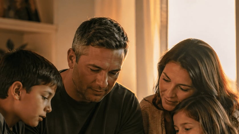 Homem, mulher e menina sentados no sofá, lendo juntos um livro grande aberto.