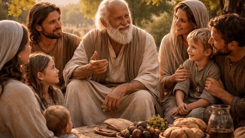 Idoso de barba branca conversa com família sentada ao ar livre, diante de pães e frutas.