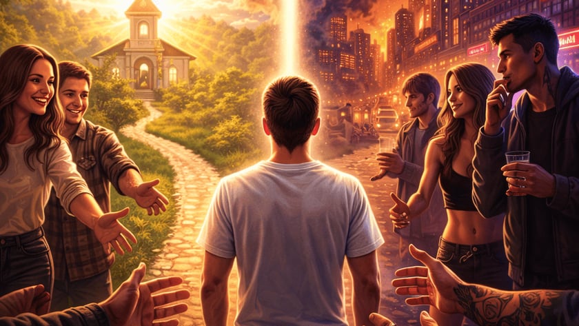 Homem de costas entre um caminho até uma igreja e uma cidade noturna