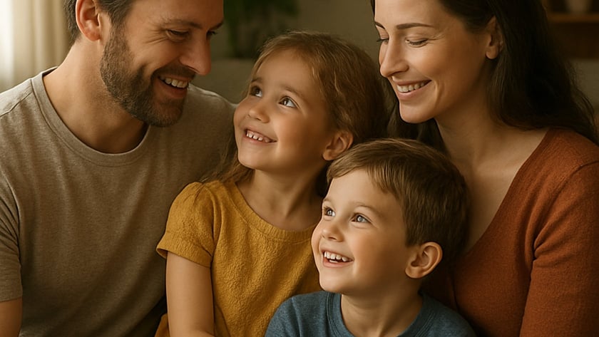 Pai, mãe, menina e menino sorrindo juntos em um sofá na sala de casa.