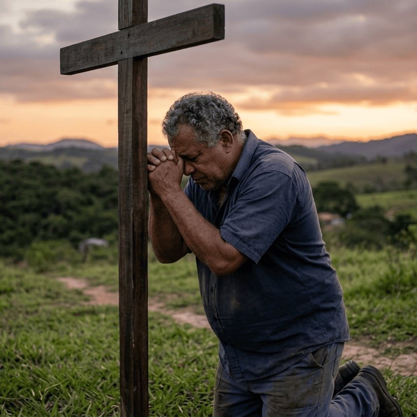 Homem de cabelo grisalho ajoelhado, com as mãos unidas apoiadas numa cruz de madeira, em um morro.