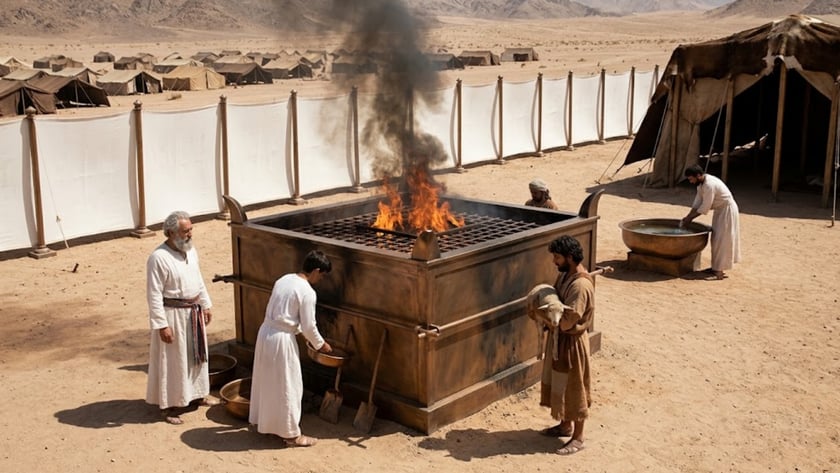 Homens de túnica junto a um grande altar de bronze com fogo e fumaça, no deserto