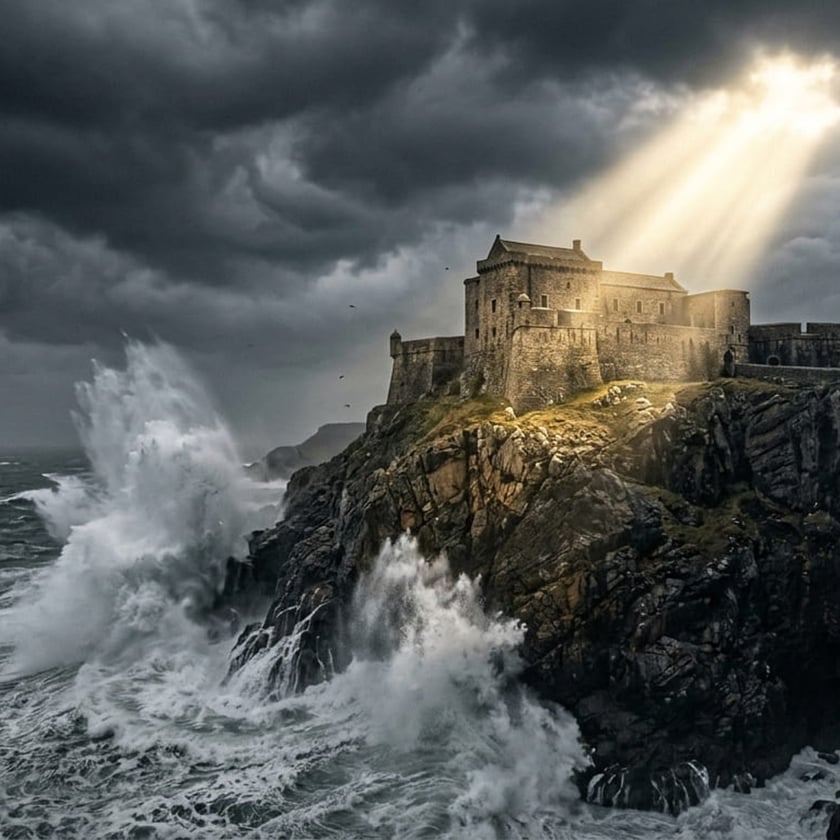 Fortaleza de pedra no alto de um penhasco rochoso, atingido por ondas enormes.