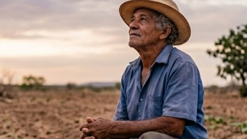 Homem idoso de chapéu de palha agachado em terra seca, olhando para o céu.