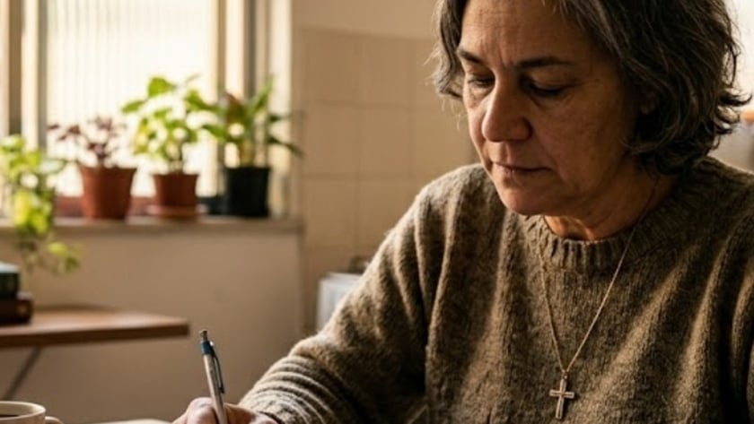 Mulher grisalha de suéter escreve em uma agenda sobre a mesa, perto da janela.