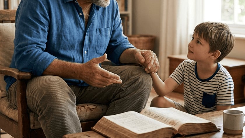 Homem de barba conversa com um menino sentado ao lado de uma mesa com livro aberto.
