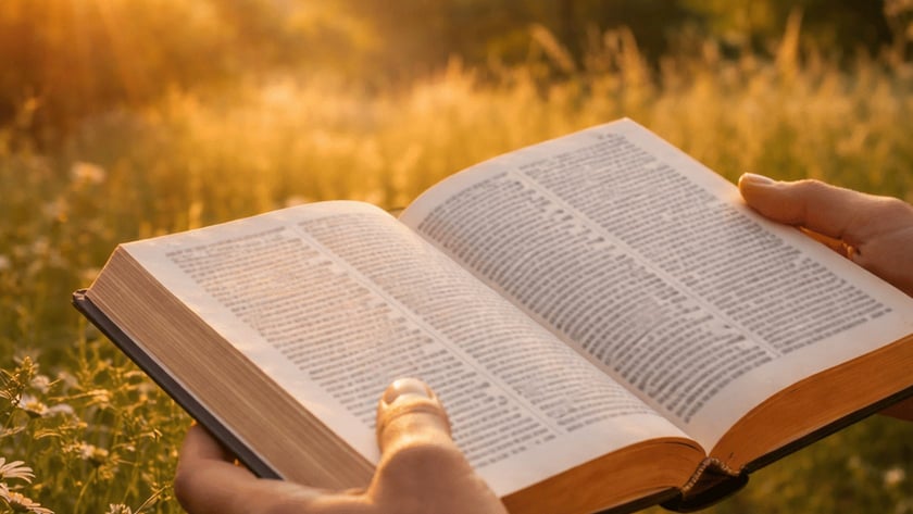 Pessoa segura um livro aberto em um campo de flores silvestres ao pôr do sol.