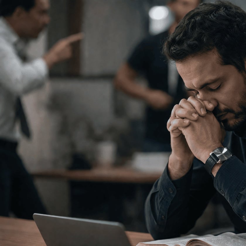 Homem de mãos postas e olhos fechados diante de um laptop e de um livro aberto.