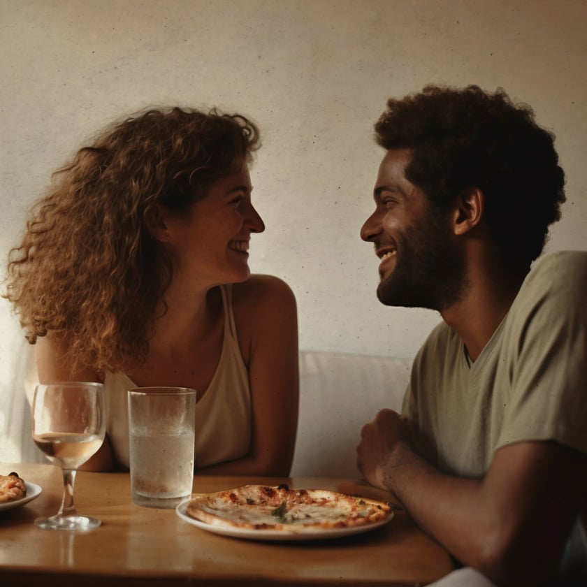 Mulher de cabelo cacheado e homem de barba sorriem um para o outro à mesa com pizza.