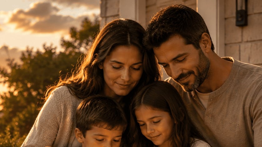 Família com dois filhos lê um livro junto, sentada ao ar livre ao pôr do sol.