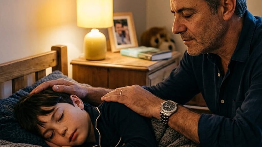 Homem de camisa azul toca a cabeça e o ombro de um menino dormindo na cama.