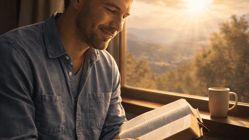 Homem de camisa jeans lê um livro grosso ao lado de uma janela com montanhas.