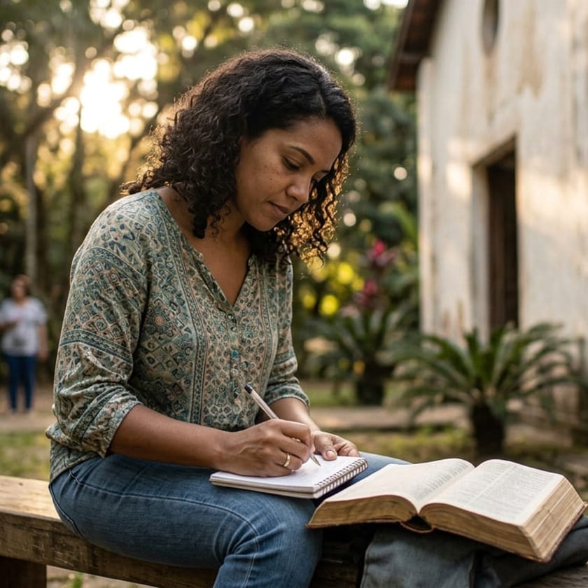 Mulher de cabelo cacheado escreve em caderno, com Bíblia aberta no colo, sentada ao ar livre.