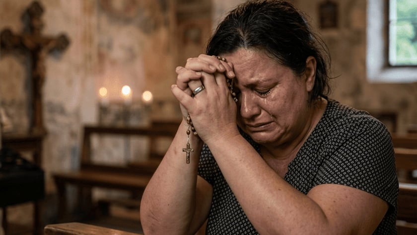 Mulher chorando, com as mãos unidas segurando um terço, ajoelhada em um banco de igreja antiga.