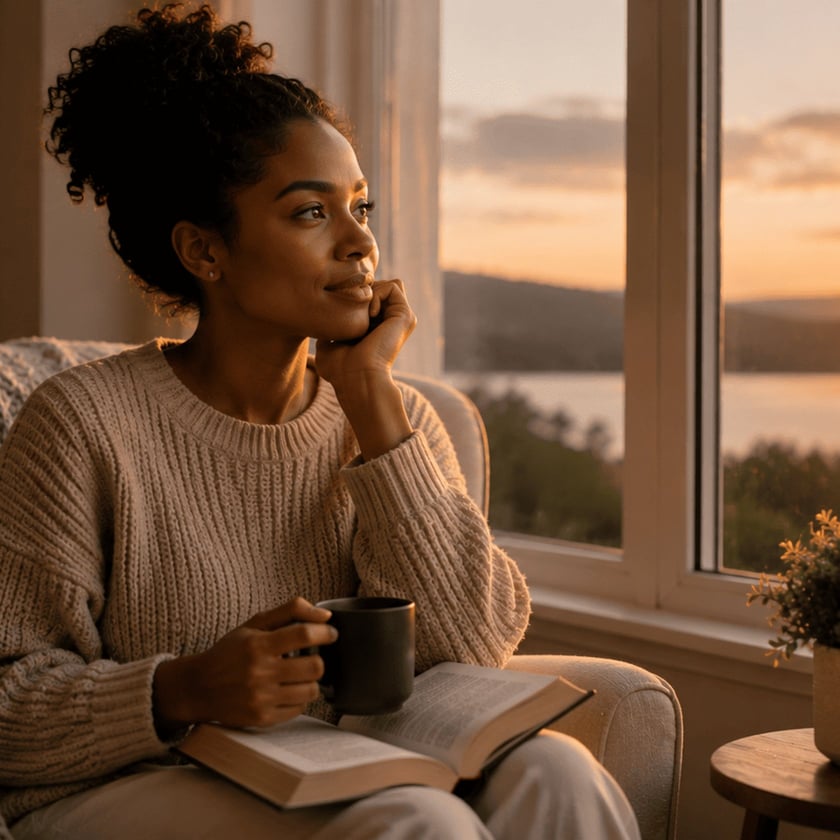 Mulher de suéter numa poltrona, com caneca e livro aberto, olha o pôr do sol no lago.