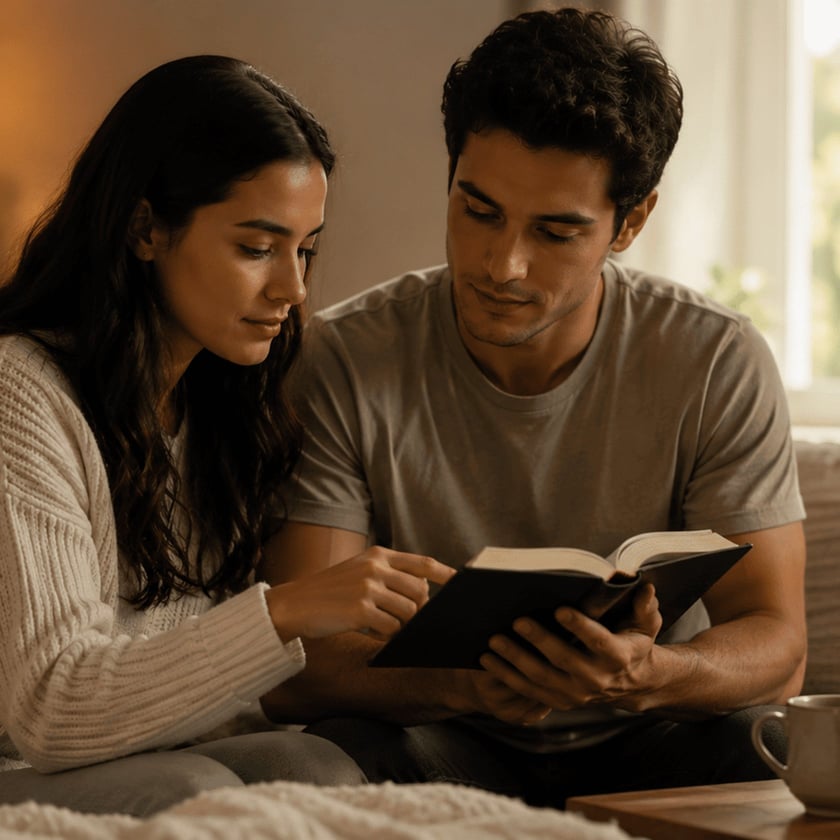 Homem e mulher sentados no sofá leem juntos um livro aberto na sala.