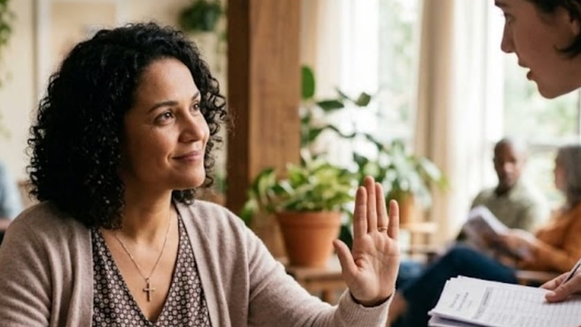 Mulher sentada à mesa com Bíblia e caderno ergue a mão para outra pessoa com papéis.
