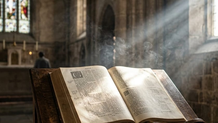 Bíblia aberta sobre estante de madeira entalhada em uma igreja de pedra