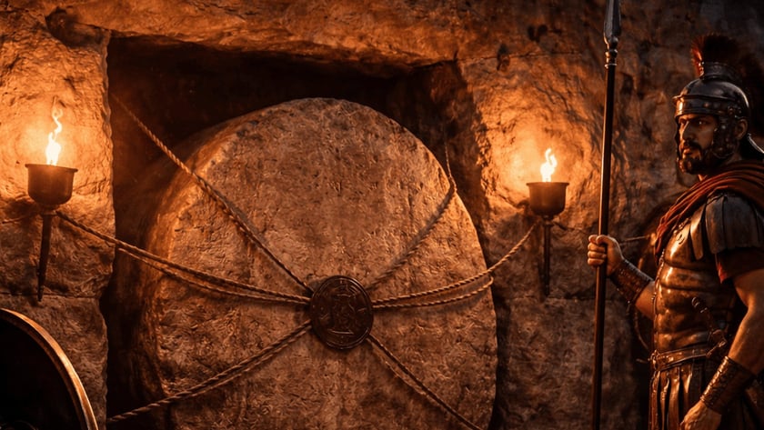 Dois soldados romanos guardam uma grande pedra redonda amarrada com cordas na entrada de uma tumba.