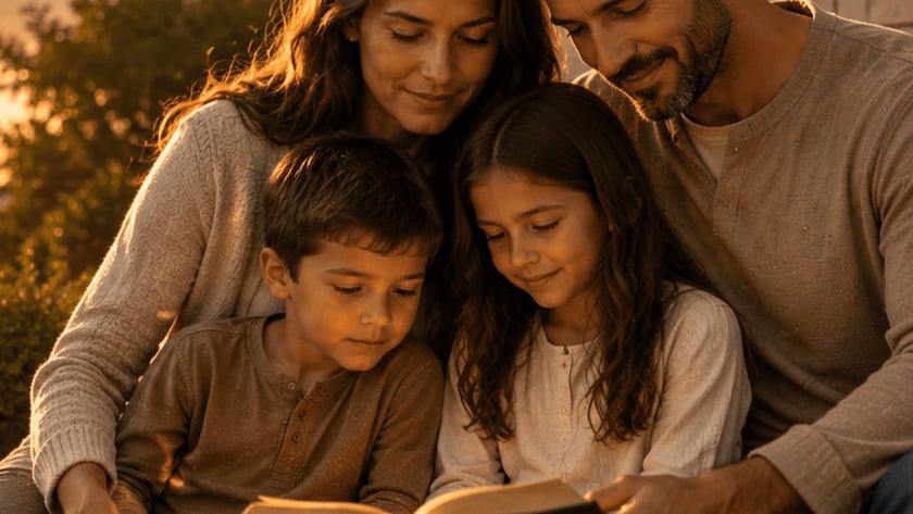 Família com dois filhos lê um livro junto, sentada ao ar livre ao pôr do sol.