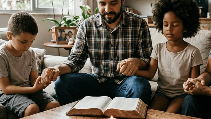 Pai e duas crianças de mãos dadas no sofá, com uma Bíblia aberta na mesa.