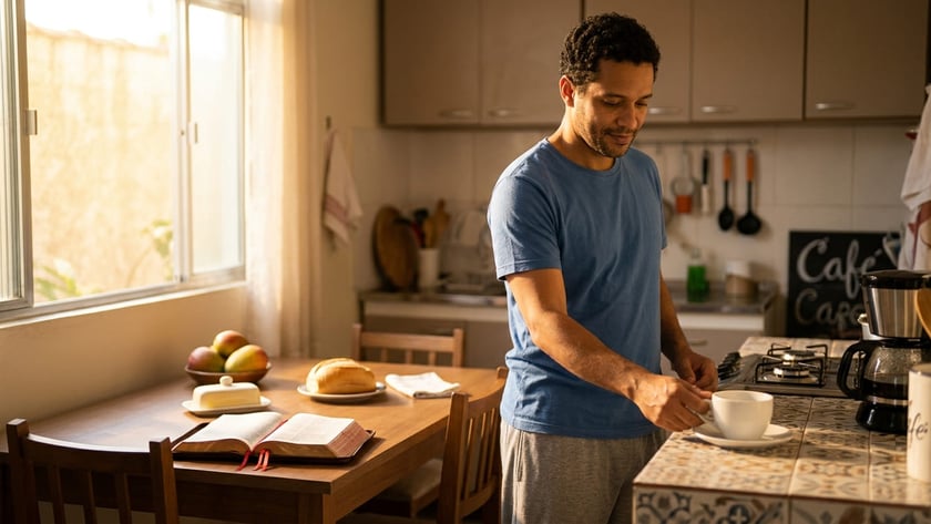 Homem de camiseta azul em cozinha, com Bíblia aberta, pão, manteiga e frutas sobre a mesa.