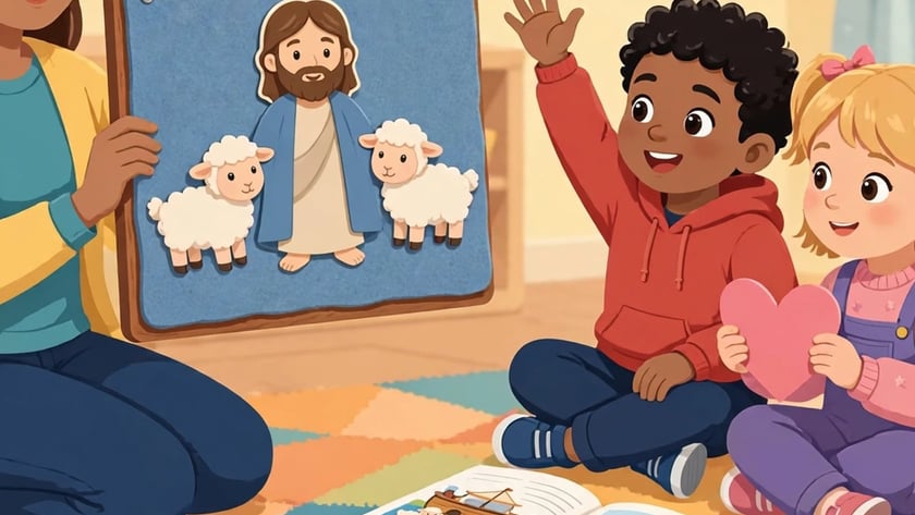 Professora mostra painel de feltro com Jesus e ovelhas a uma criança de braço levantado.