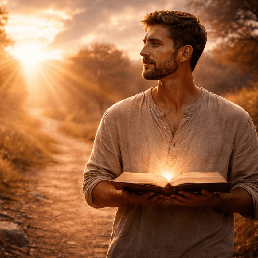 Homem barbudo segura um livro aberto que emite luz, em uma estrada de terra.