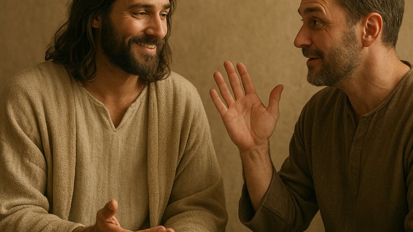 Dois homens sentados conversam e gesticulam, um de cabelo longo e barba, outro de barba curta.