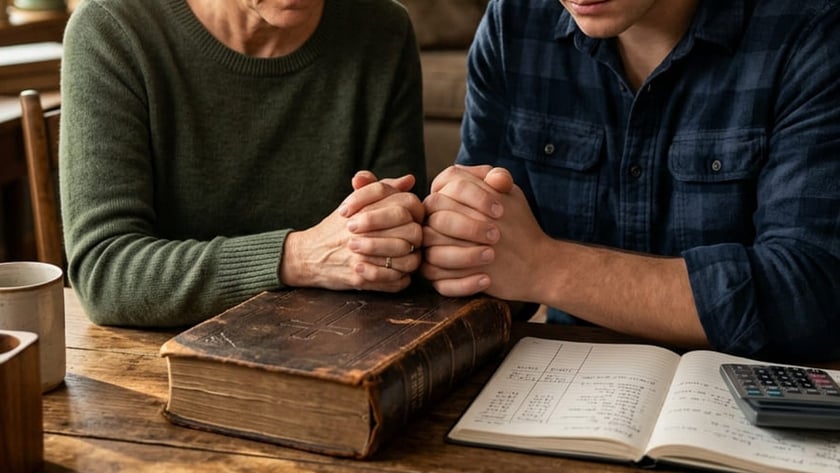 Mulher e rapaz de mãos juntas e olhos fechados, rezando à mesa sobre uma Bíblia.