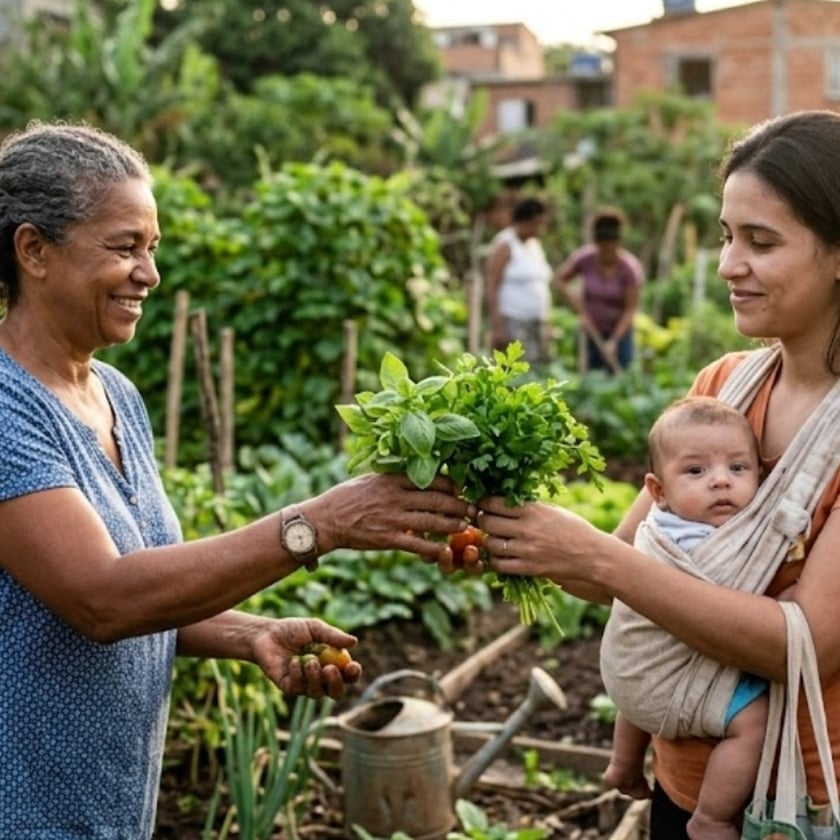 Duas mulheres trocam um maço de ervas numa horta comunitária; uma carrega um bebê.